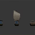 Ancient Wooden Watercraft in Various Styles with Sails and Covered Structures