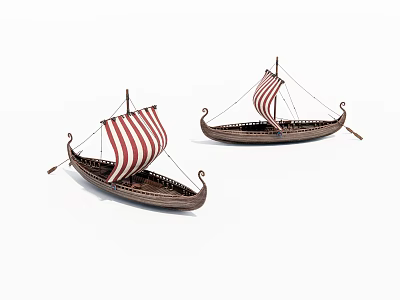 Two Model Wooden Boats With Red And White Striped Sails 3d model