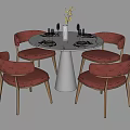 Four Red Leather Dining Chairs With Brass Legs Around Round Marble Table 3d model