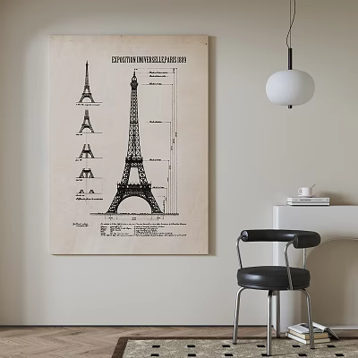 Eiffel Tower Blueprint Poster Hanging On Wall With Black Chair And Pendant Light 3d model