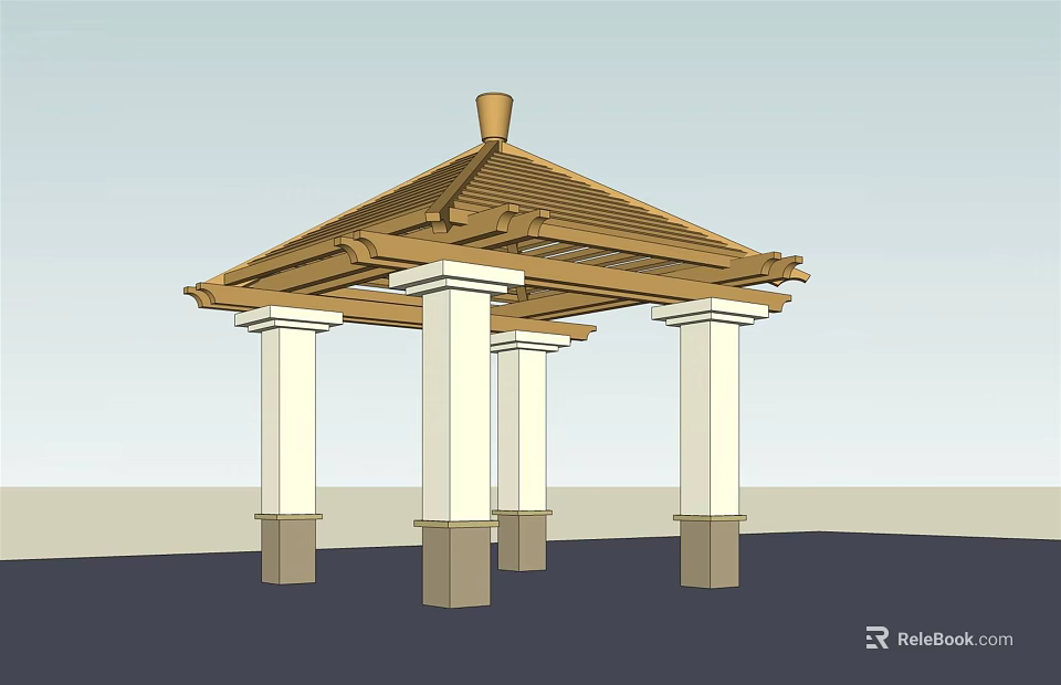 Outdoor Traditional Pavilion With Wooden Roof And White Pillars Structure 3d model 
