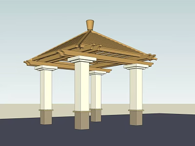 Outdoor Traditional Pavilion With Wooden Roof And White Pillars Structure 3d model