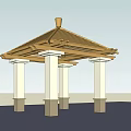 Outdoor Traditional Pavilion With Wooden Roof And White Pillars Structure