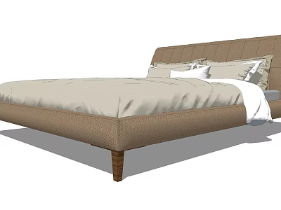 Upholstered Double Bed With Light Colored Mattress Wooden Legs And Pillows 3d model