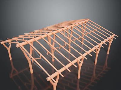 Wooden Roof Truss Structure With Support Columns Modern Design On Black Surface With Reflection 3d model
