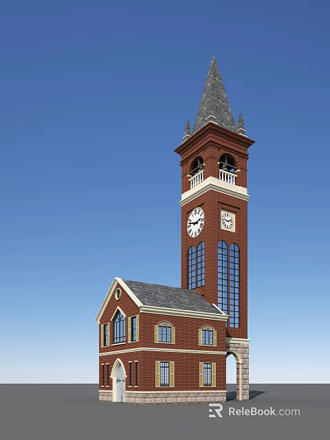 Classic Red Brick Tower With Clock Faces Steeple And Attached Small Building 3d model 