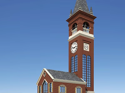 Classic Red Brick Tower With Clock Faces Steeple And Attached Small Building 3d model