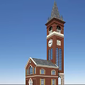 Classic Red Brick Tower With Clock Faces Steeple And Attached Small Building
