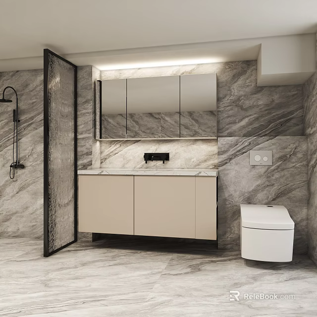 Modern Bathroom Vanity Cabinet With Marble Walls And Mirror Sink Design 3d model 