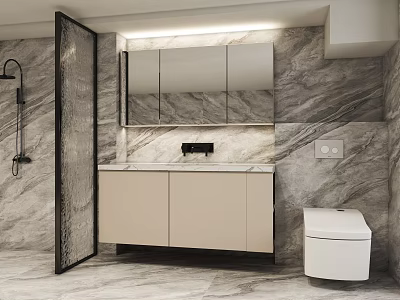 Modern Bathroom Vanity Cabinet With Marble Walls And Mirror Sink Design 3d model