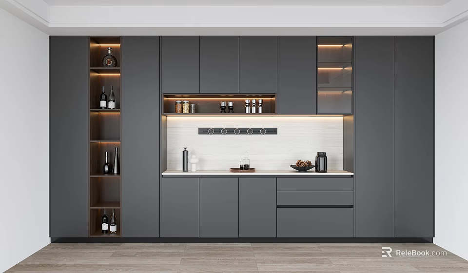 Modern Gray Wine Cabinet Interior Design With Layered Lighting And Cabinets 3d model 