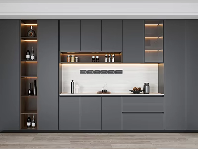 Modern Gray Wine Cabinet Interior Design With Layered Lighting And Cabinets 3d model