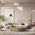 Modern Living Room Interior With Neutral Tones Sofa Round Rug And Heart Shaped Pendant Lights