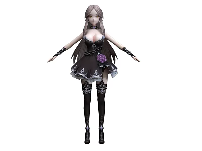 Woman with long hair in black dress with lace details and purple flower on chest 3d model