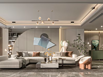 Elegant Modern Living Room Interior With Sofa Pendant Lights Artwork Plants And Rug 3d model
