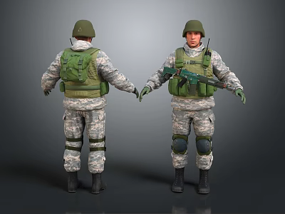 Two Soldiers in Camouflage Military Uniform With Green Helmets Vests and Rifle Front Back Views 3d model