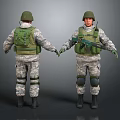 Two Soldiers in Camouflage Military Uniform With Green Helmets Vests and Rifle Front Back Views