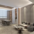 Modern Office Interior Design With Sofa Coffee Table Conference Table Chairs And Wooden Blinds