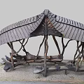 Natural Wooden Pavilion With Curved Tree like Pillars And Stone Bench Seats On Gravel Ground