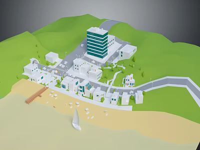 Cartoon Scene With Green Hills Blue High Rise Building White Buildings Beach And Sailboat 3d model
