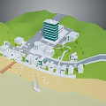 Cartoon Scene With Green Hills Blue High Rise Building White Buildings Beach And Sailboat