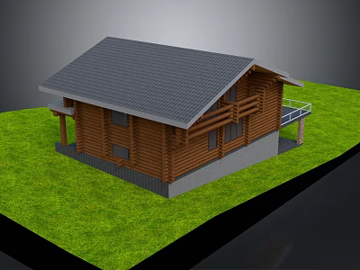 Wooden Residential House With Gray Roof Balcony And Green Grass Surroundings 3d model