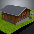 Wooden Residential House With Gray Roof Balcony And Green Grass Surroundings