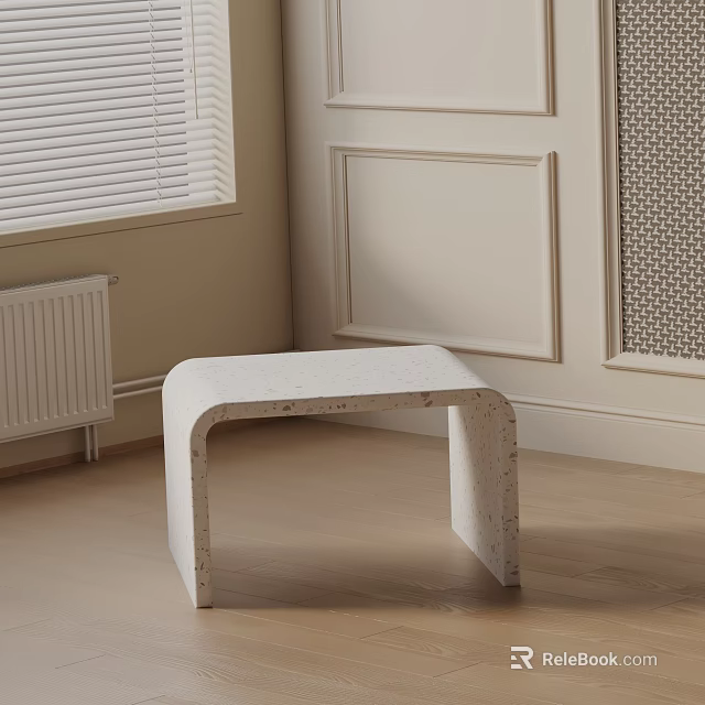 Textured White Curved Side Table In Light Colored Room With Wooden Floor And Blinds 3d model 