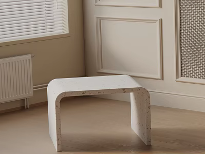 Textured White Curved Side Table In Light Colored Room With Wooden Floor And Blinds 3d model