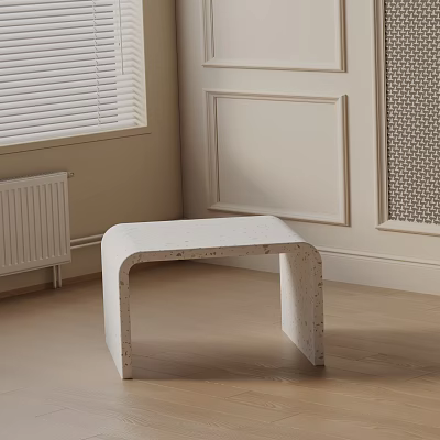 Textured White Curved Side Table In Light Colored Room With Wooden Floor And Blinds 3d model
