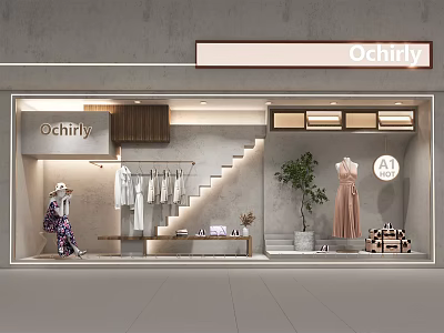 Ochirly Store Window Display With Clothes Mannequins Staircase Plant And Bags 3d model