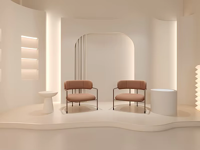 Modern Minimalist Interior With Brown Chairs White Tables And Soft Lighting 3d model