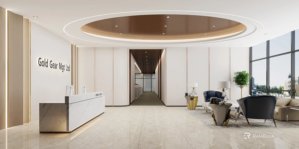 Elegant Modern Reception Area Interior Design With Marble Desk Lounge Chairs And Potted Plant 3d model 
