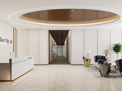Elegant Modern Reception Area Interior Design With Marble Desk Lounge Chairs And Potted Plant 3d model