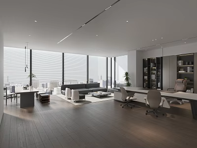 Modern Office Interior Design With Large Windows City View Sofa Desk Chairs And Bookshelves 3d model