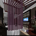 Relaxing SPA Sauna Room With Purple Curtains Sofa And Soft Lighting