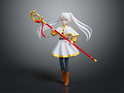 Game Movie Character With White Long Hair Red Staff And White Dress Yellow Trim 3d model