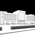 Modern Office Building Featuring White Red Exterior Large Glass Windows Lawn And Fire Trucks