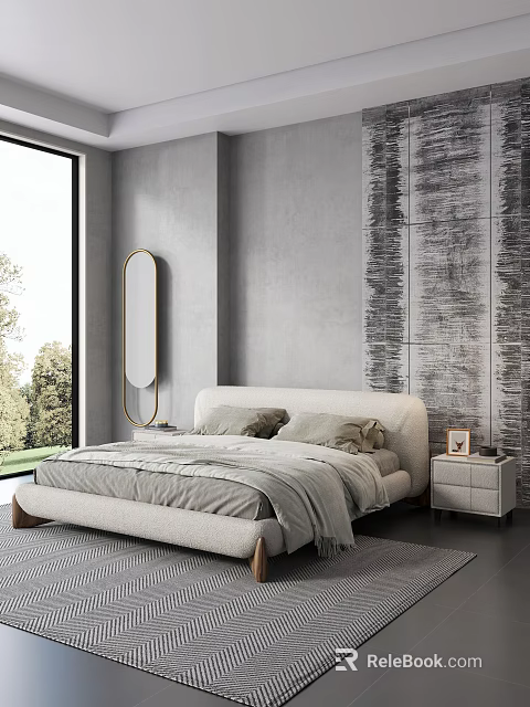 Modern Bedroom Interior With Large Bed Textured Gray Walls Round Mirror Nightstand And Photo Frame 3d model 