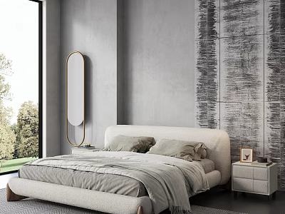 Modern Bedroom Interior With Large Bed Textured Gray Walls Round Mirror Nightstand And Photo Frame 3d model