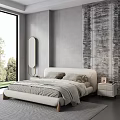 Modern Bedroom Interior With Large Bed Textured Gray Walls Round Mirror Nightstand And Photo Frame
