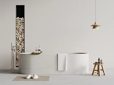 Modern Bathroom Interior With White Bathtub Vertical Wood Log Wall And Pendant Light 3d model