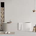Modern Bathroom Interior With White Bathtub Vertical Wood Log Wall And Pendant Light