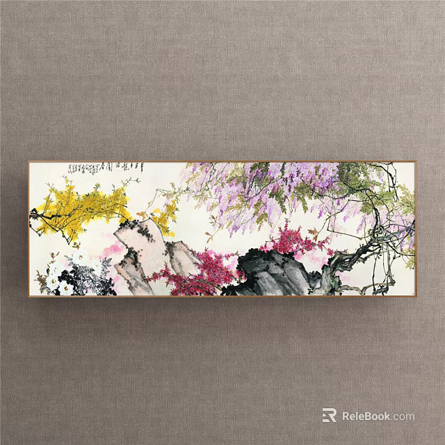 Horizontal Chinese Ink Landscape Painting With Yellow Purple Pink Flowers Rock Formations And Tree Branches 3d model 