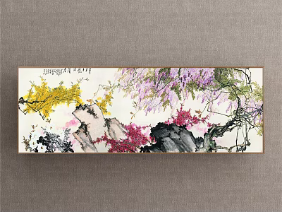 Horizontal Chinese Ink Landscape Painting With Yellow Purple Pink Flowers Rock Formations And Tree Branches 3d model