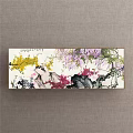 Horizontal Chinese Ink Landscape Painting With Yellow Purple Pink Flowers Rock Formations And Tree Branches