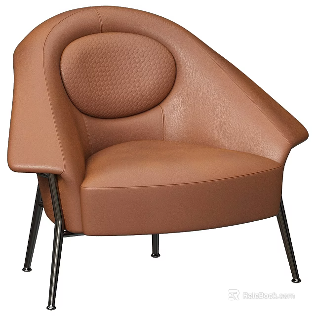 Brown Leather Modern Single Sofa with Rounded Backrest and Black Metal Legs 3d model