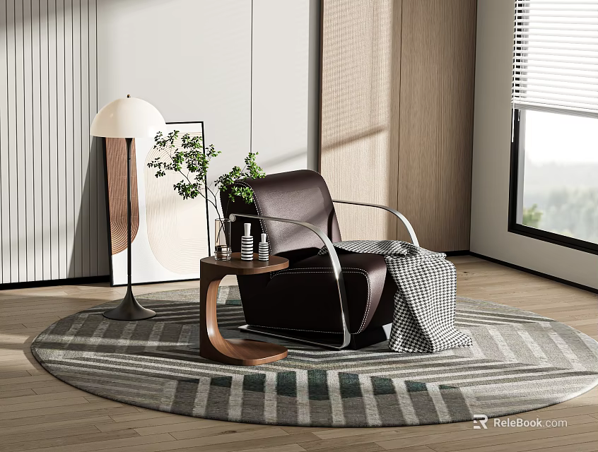 Dark Brown Single Sofa with Wooden Side Table and Green Plant on Round Striped Rug 3d model 