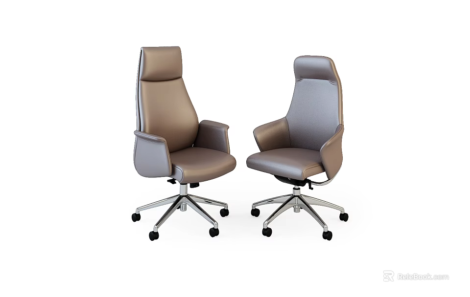 High Back Leather Office Chairs With Swivel Base And Rolling Wheels In Brown And Gray 3d model 
