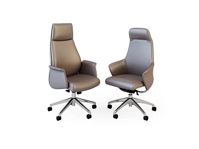 High Back Leather Office Chairs With Swivel Base And Rolling Wheels In Brown And Gray 3d model